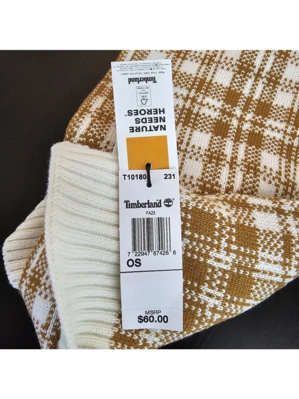 NWT Timberland Scarf One Size Brown Plaid Knit Buffalo Check Winter Outdoor